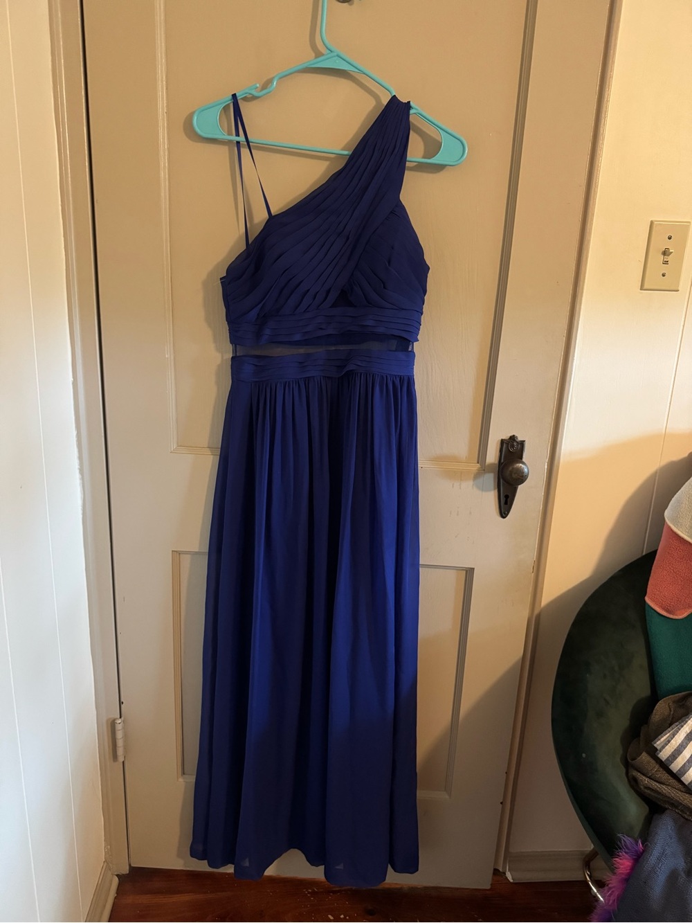 Adrianna Papell Cobalt One-Shoulder Chiffon Gown